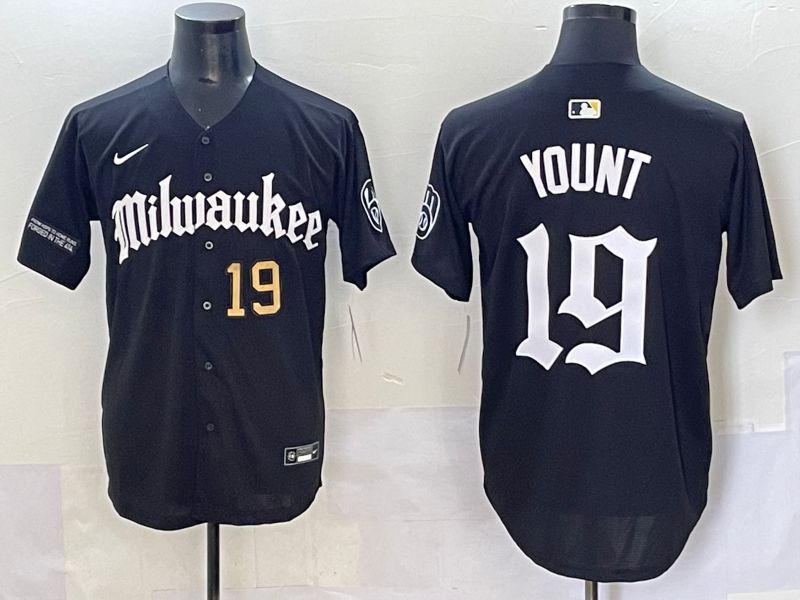 Men 2025 Milwaukee Brewers #19 Yount Black Five generations Joint Name Nike MLB Jersey style 7->milwaukee brewers->MLB Jersey